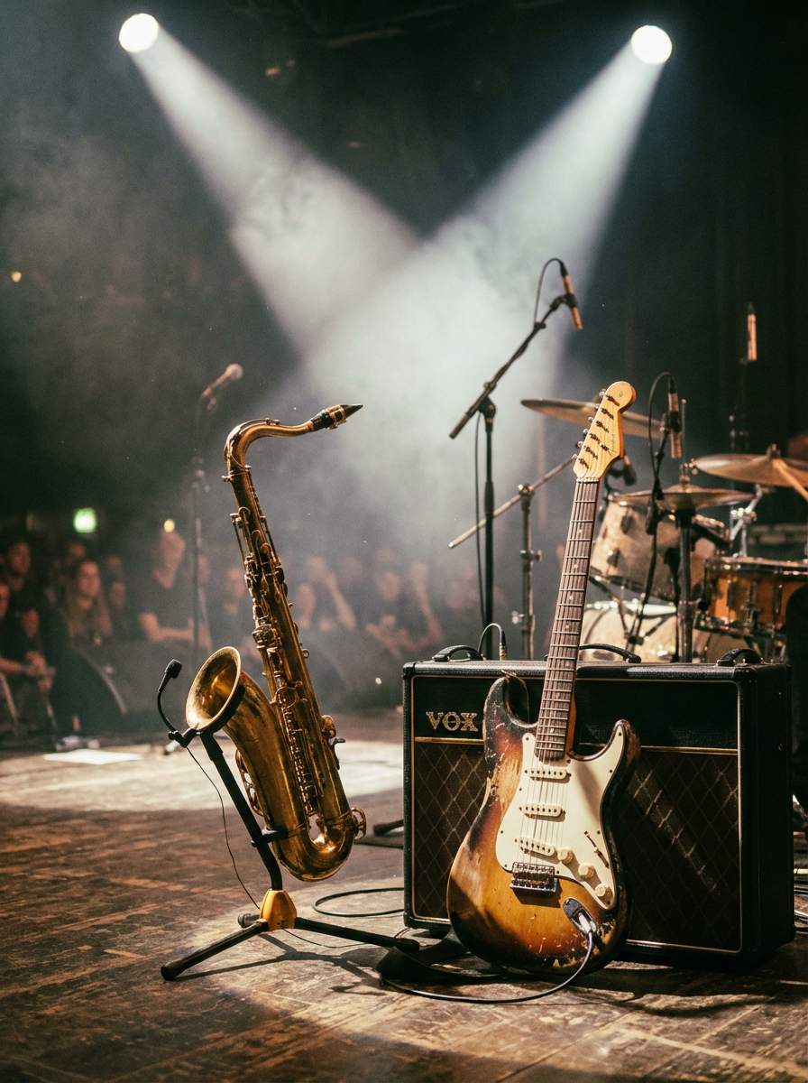 Saxophone and electric guitar placed next to a VOX amplifier on stage under spotlights